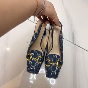 Gucci Women's Blue and Gold Patterned Slingback Heels